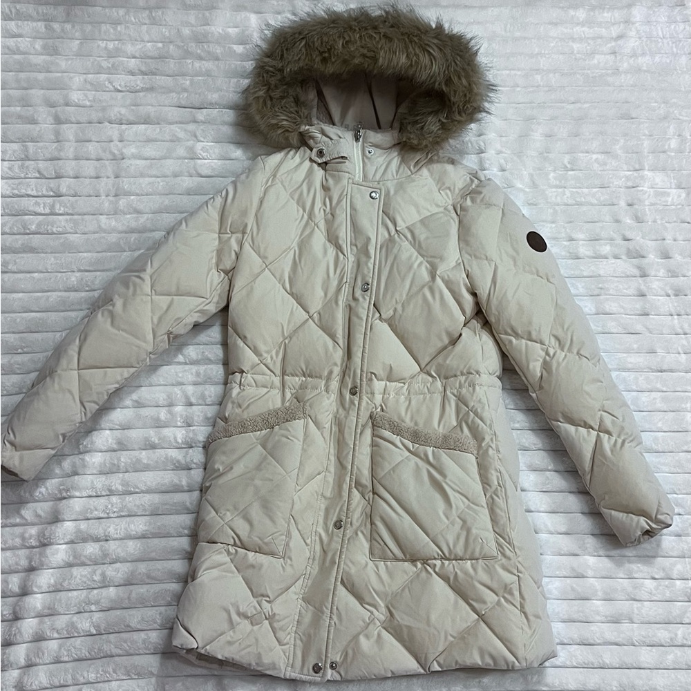 Ralph Lauren Cream Colored Puffer Coat with Faux Fur Hood
